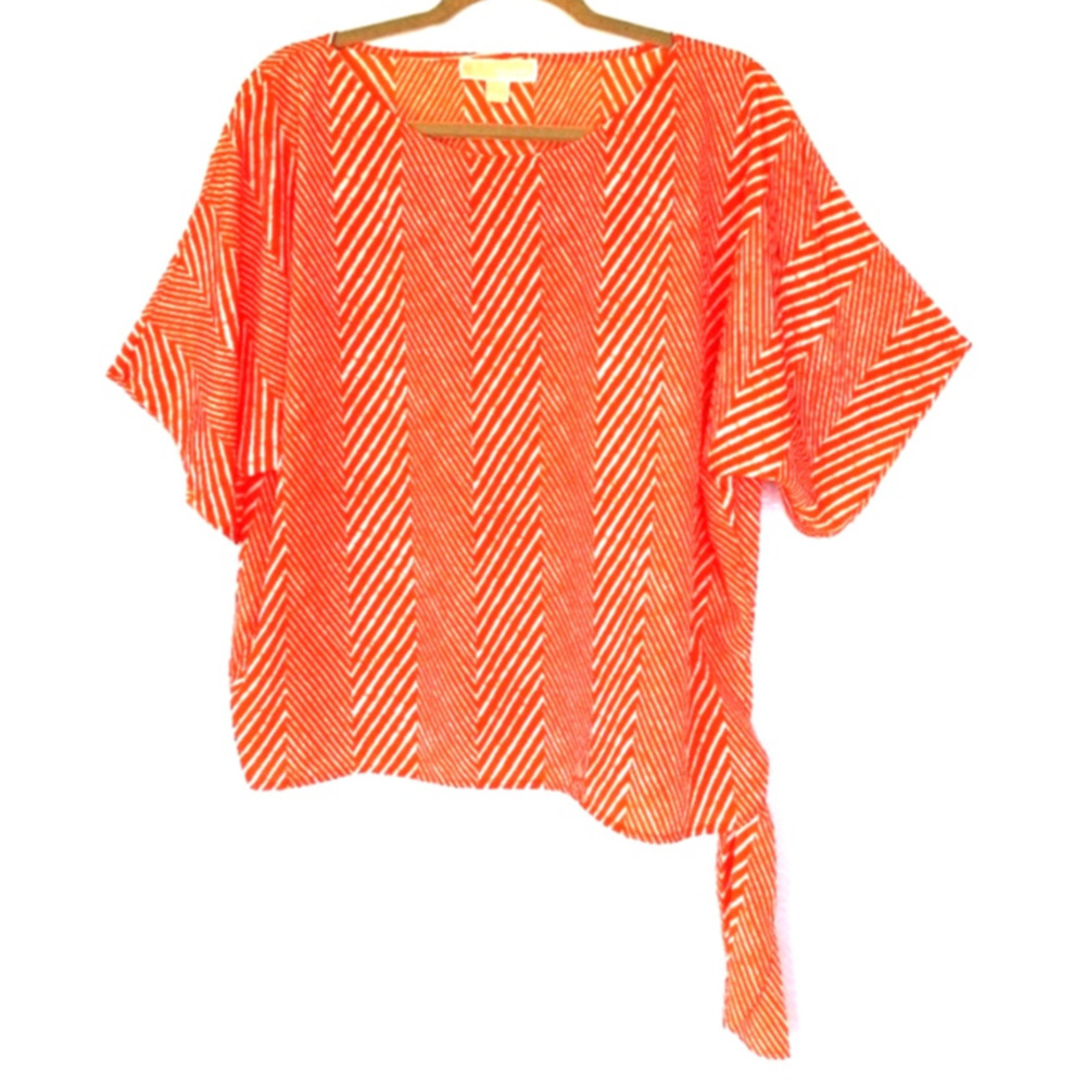 MICHAEL KORS Orange/White Striped Blouson Cropped Top Blouse Women M